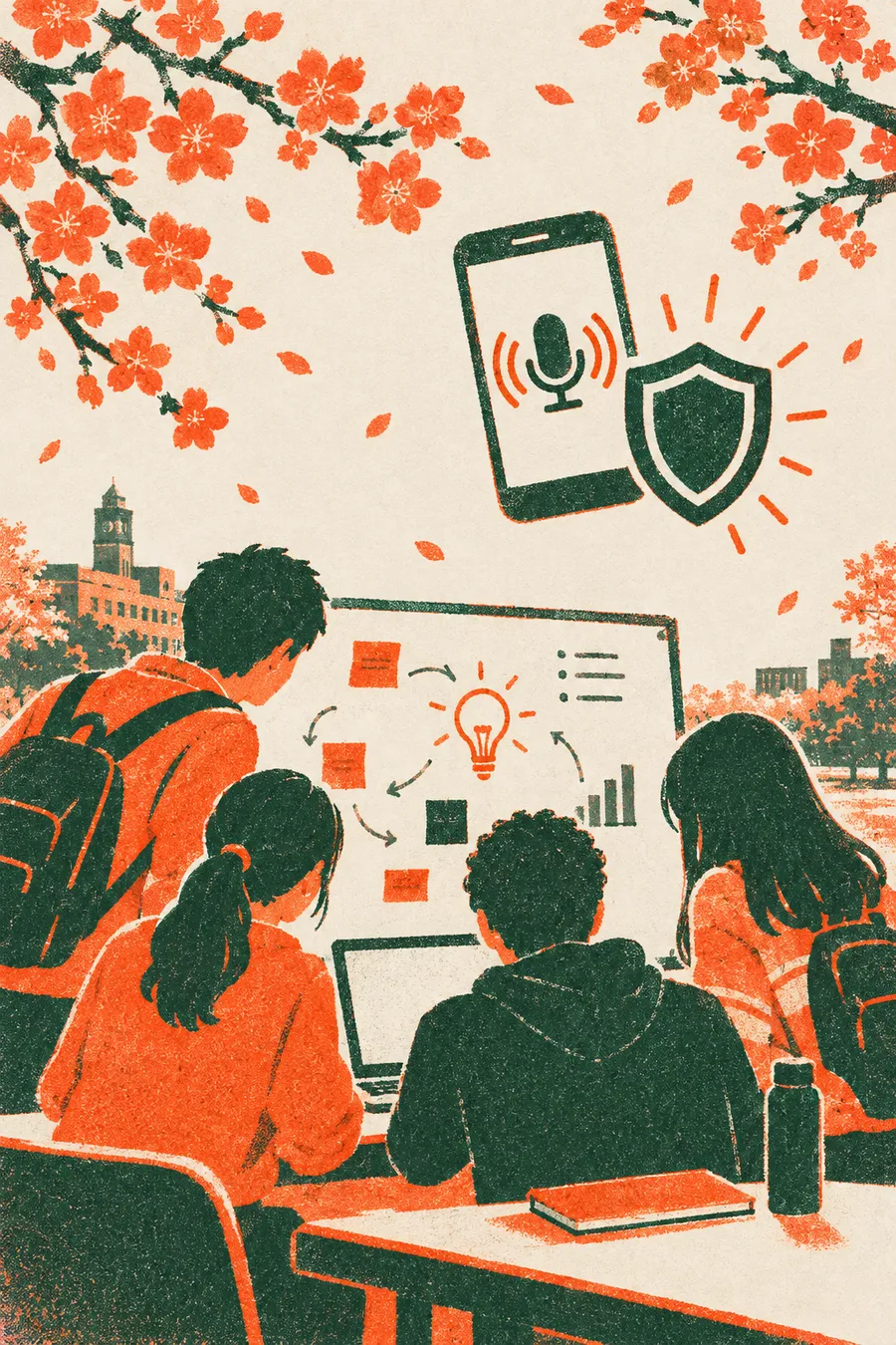 Illustration of a student team gathered at a whiteboard beneath spring blossoms, with a phone and shield representing voice-scam protection
