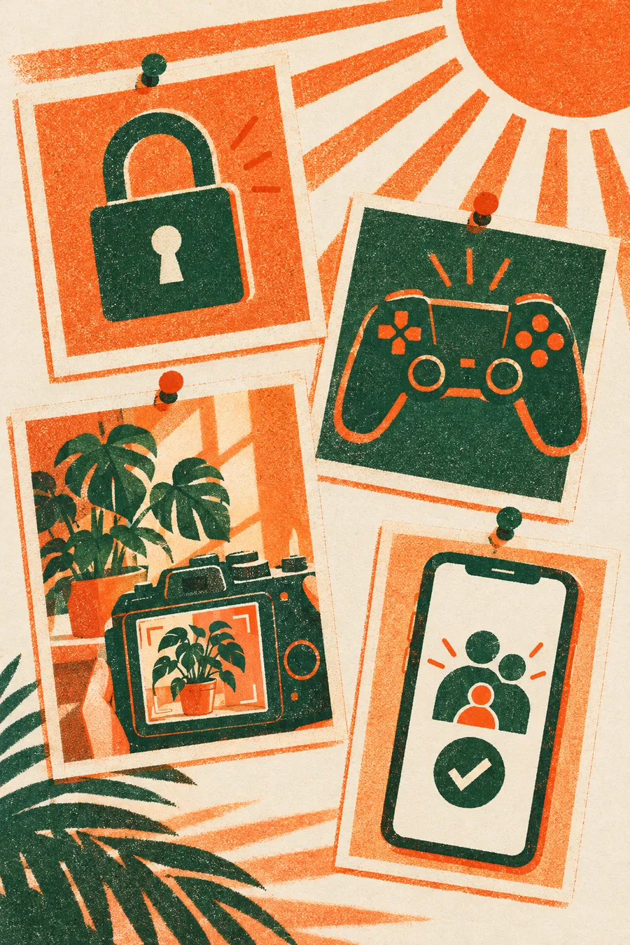 Illustration of a mood board with a padlock, game controller, camera, and family verification app representing the summer cybersecurity tracks