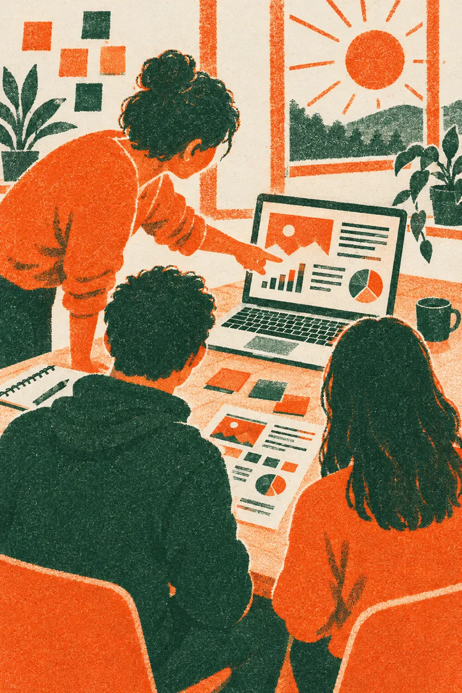Illustration of a mentor pointing at a laptop screen while two students work through a pitch deck